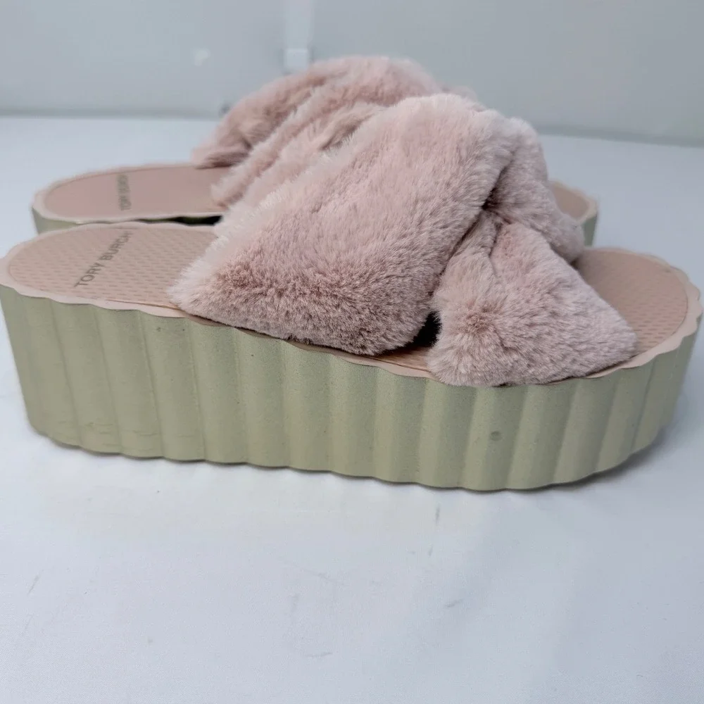 Tory Burch Womens Pink Faux Fur Platform Slides Rose Gold Sole Size 7